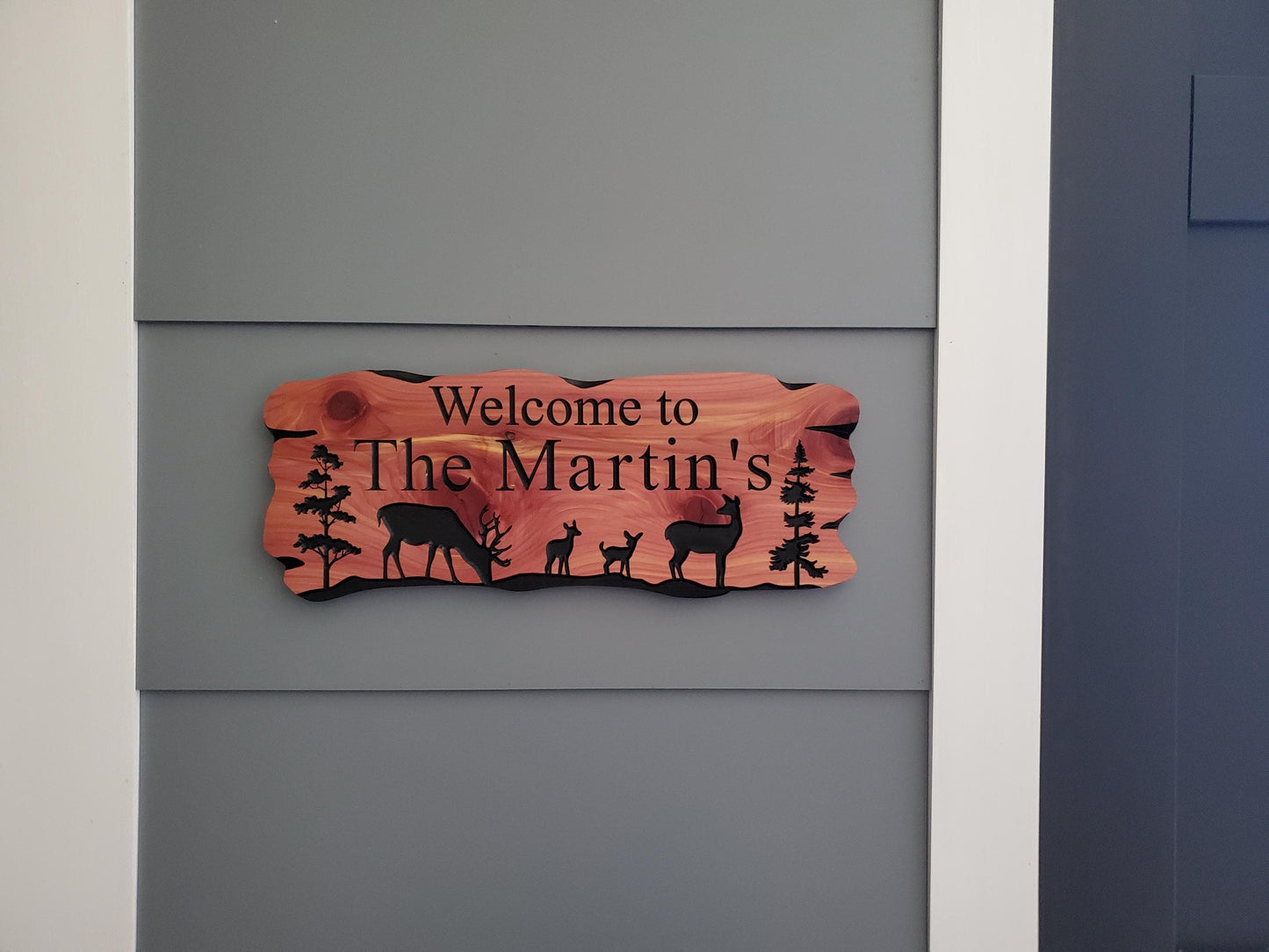 Outdoor Custom Family Name Sign, Personalized Rustic Exterior Wooden Plaque, Deer Nature Wooded Scene, Carved Wood Outside Welcome Sign
