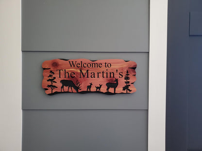 Outdoor Custom Family Name Sign, Personalized Rustic Exterior Wooden Plaque, Deer Nature Wooded Scene, Carved Wood Outside Welcome Sign