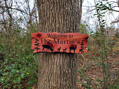 Outdoor Custom Family Name Sign, Personalized Rustic Exterior Wooden Plaque, Deer Nature Wooded Scene, Carved Wood Outside Welcome Sign
