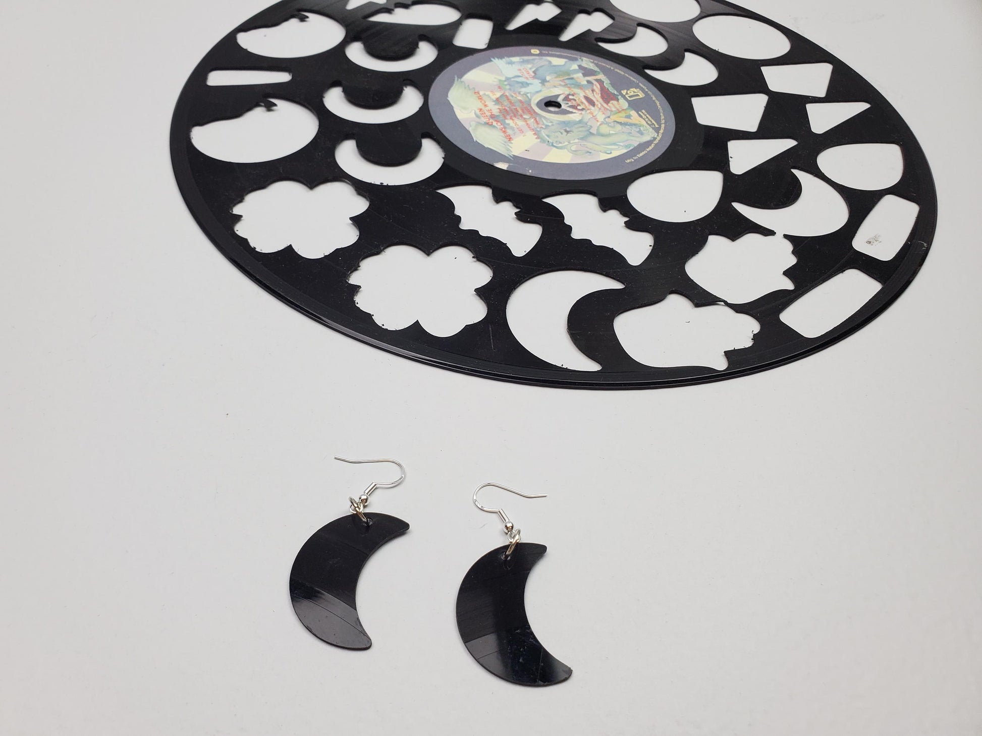 Upcycled Crescent Moon Earrings Made From Repurposed Music Records, Lunar Celestial Fashion Jewelry Moon Sillouette, Moon Shape Boho Hippie