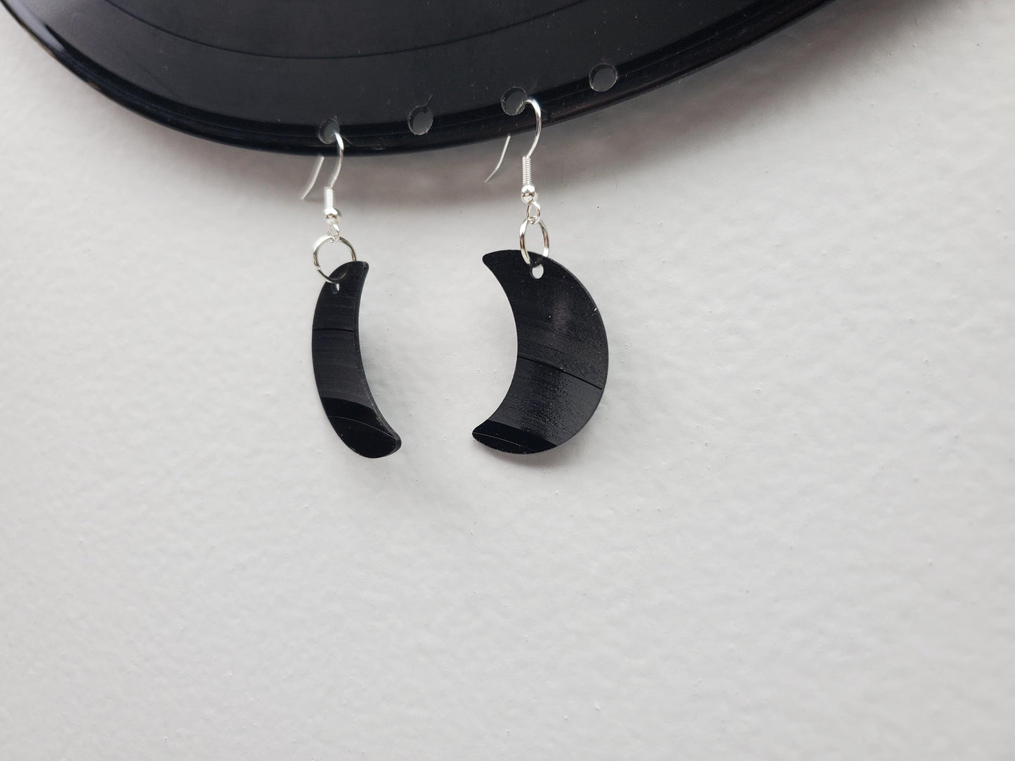Upcycled Crescent Moon Earrings Made From Repurposed Music Records, Lunar Celestial Fashion Jewelry Moon Sillouette, Moon Shape Boho Hippie
