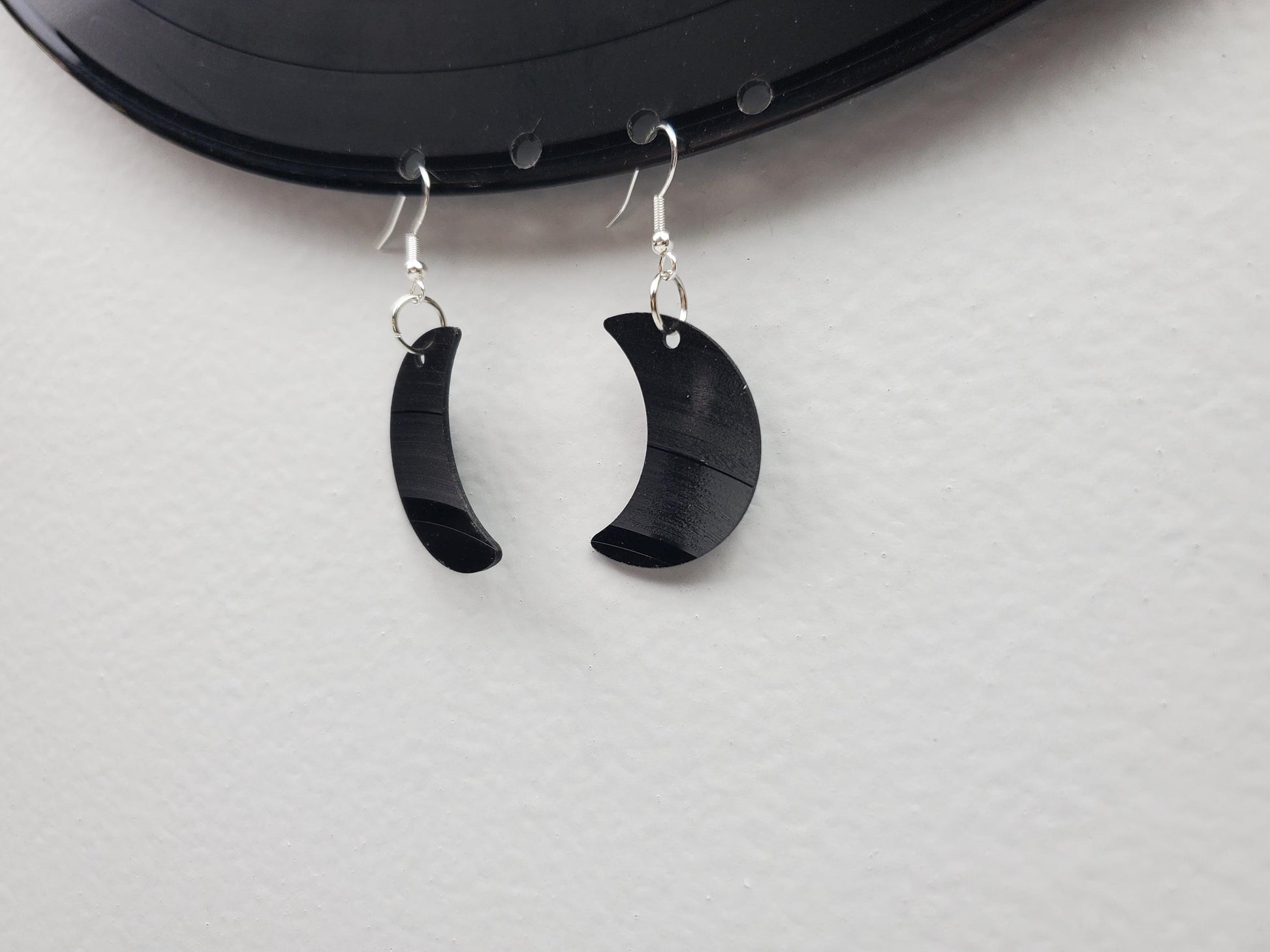 Upcycled Crescent Moon Earrings Made From Repurposed Music Records, Lunar Celestial Fashion Jewelry Moon Sillouette, Moon Shape Boho Hippie