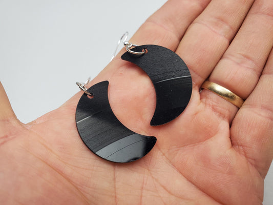 Upcycled Crescent Moon Earrings Made From Repurposed Music Records, Lunar Celestial Fashion Jewelry Moon Sillouette, Moon Shape Boho Hippie
