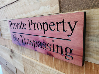 Private Property No Trespassing Carved Sign, Outdoor Posted Land Sign, Cypress Cedar Wood Plaque, CNC Carved Wooden, Exterior Outside Sign