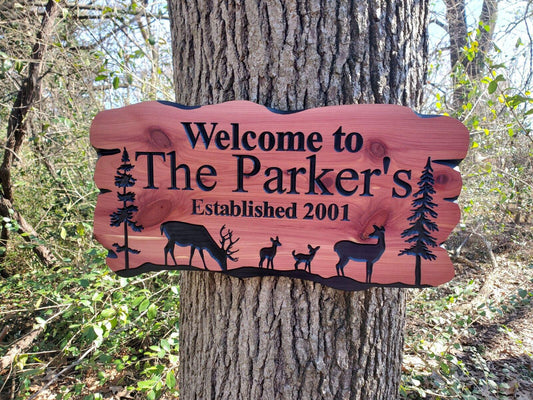 Rustic Family Name Sign, Exterior Personalized Est Date Wooden Plaque, Outdoor Deer Wooded Scene, Custom Carved Wood Outside Established