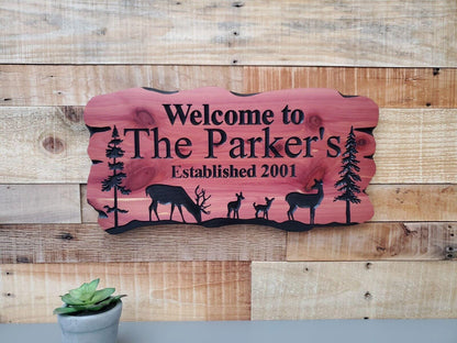 Rustic Family Name Sign, Exterior Personalized Est Date Wooden Plaque, Outdoor Deer Wooded Scene, Custom Carved Wood Outside Established