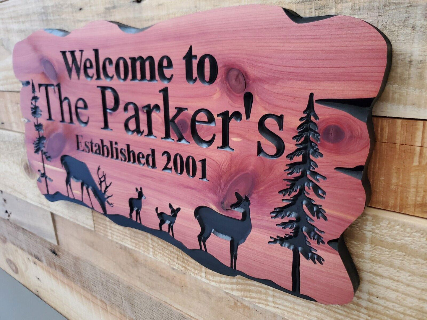 Rustic Family Name Sign, Exterior Personalized Est Date Wooden Plaque, Outdoor Deer Wooded Scene, Custom Carved Wood Outside Established