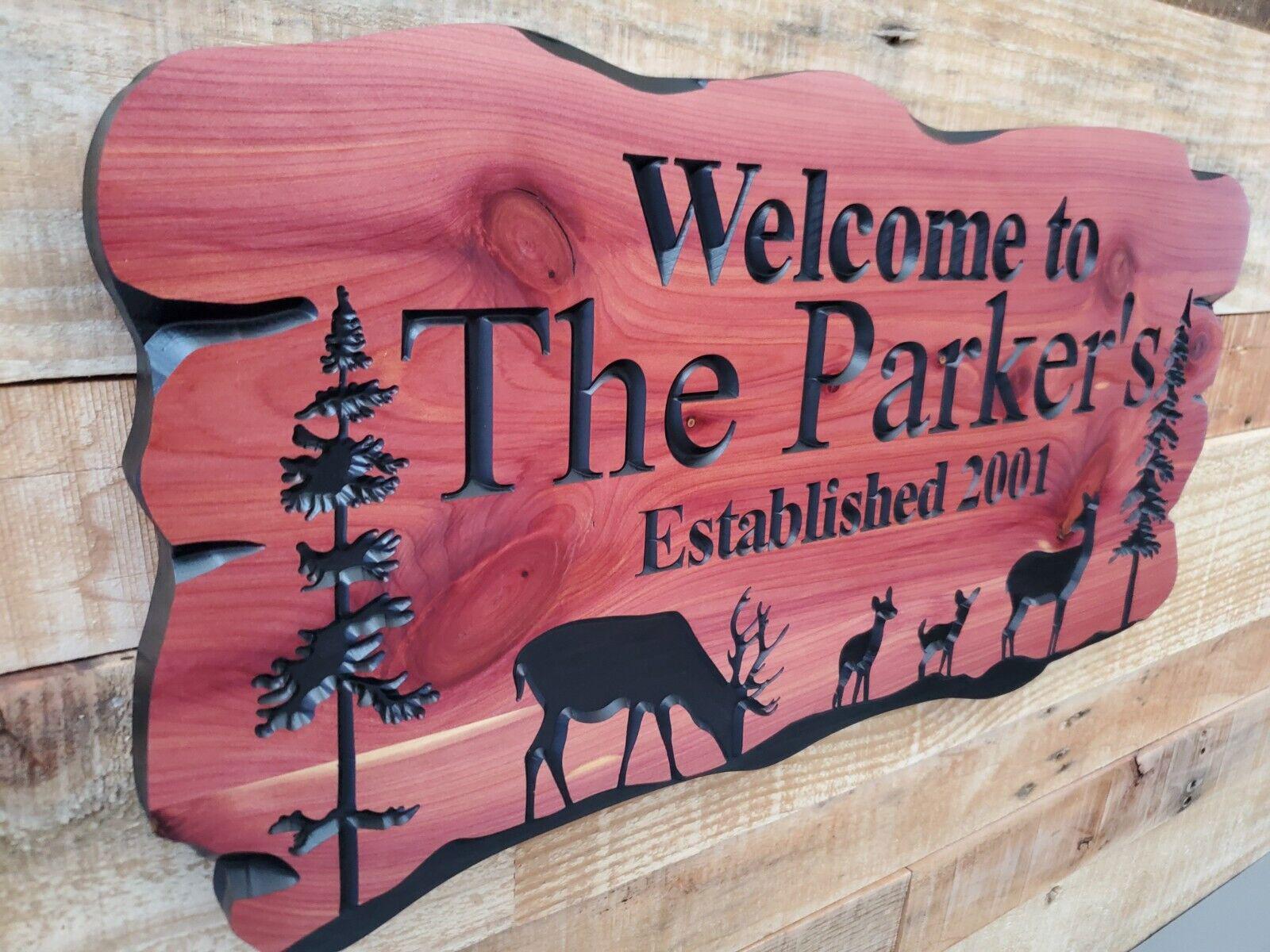 Rustic Family Name Sign, Exterior Personalized Est Date Wooden Plaque, Outdoor Deer Wooded Scene, Custom Carved Wood Outside Established
