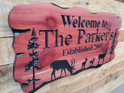 Rustic Family Name Sign, Exterior Personalized Est Date Wooden Plaque, Outdoor Deer Wooded Scene, Custom Carved Wood Outside Established