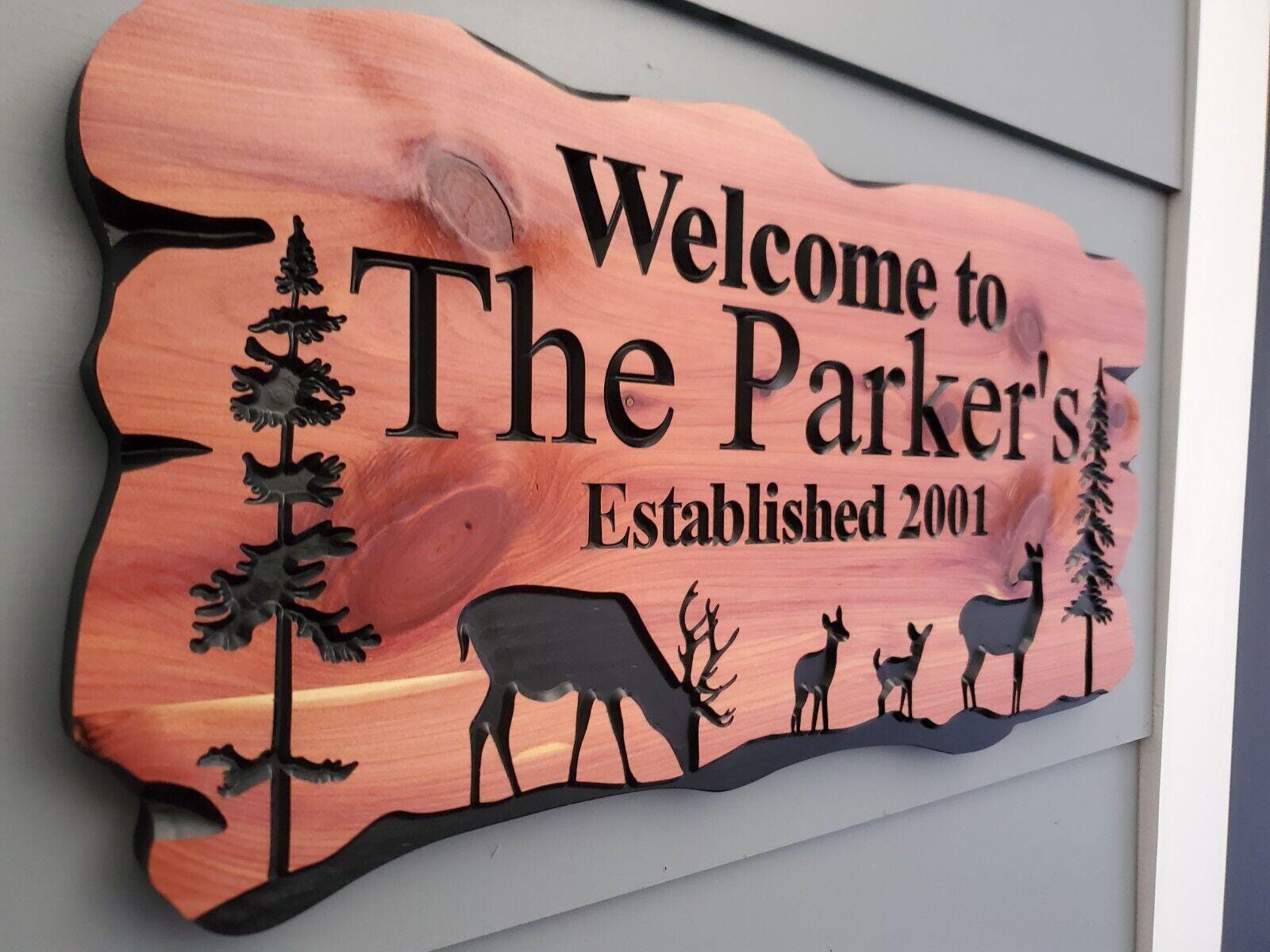 Rustic Family Name Sign, Exterior Personalized Est Date Wooden Plaque, Outdoor Deer Wooded Scene, Custom Carved Wood Outside Established