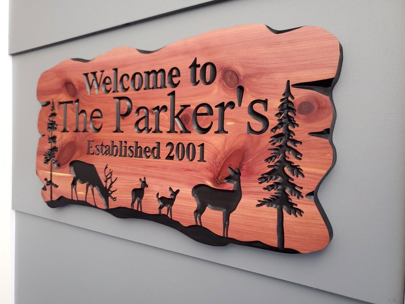 Rustic Family Name Sign, Exterior Personalized Est Date Wooden Plaque, Outdoor Deer Wooded Scene, Custom Carved Wood Outside Established