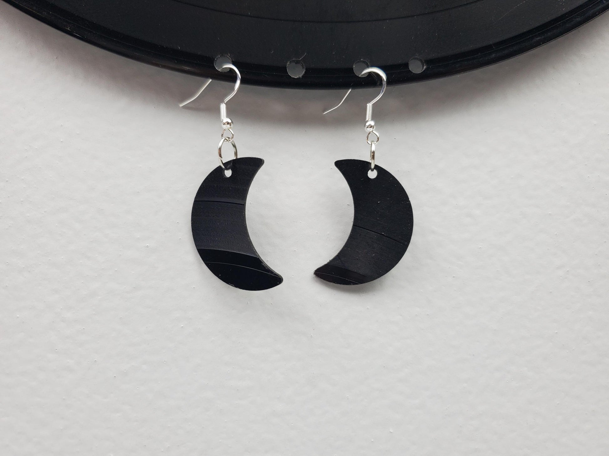 Upcycled Crescent Moon Earrings Made From Repurposed Music Records, Lunar Celestial Fashion Jewelry Moon Sillouette, Moon Shape Boho Hippie