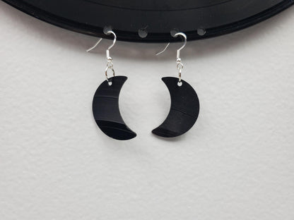 Upcycled Crescent Moon Earrings Made From Repurposed Music Records, Lunar Celestial Fashion Jewelry Moon Sillouette, Moon Shape Boho Hippie