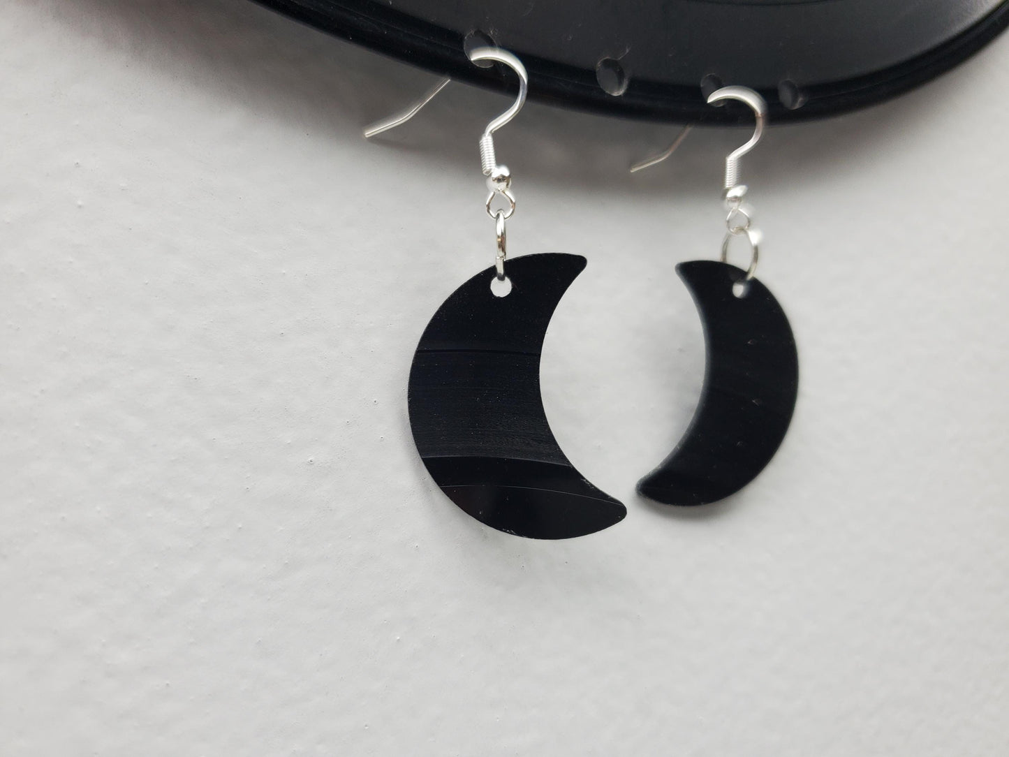 Upcycled Crescent Moon Earrings Made From Repurposed Music Records, Lunar Celestial Fashion Jewelry Moon Sillouette, Moon Shape Boho Hippie