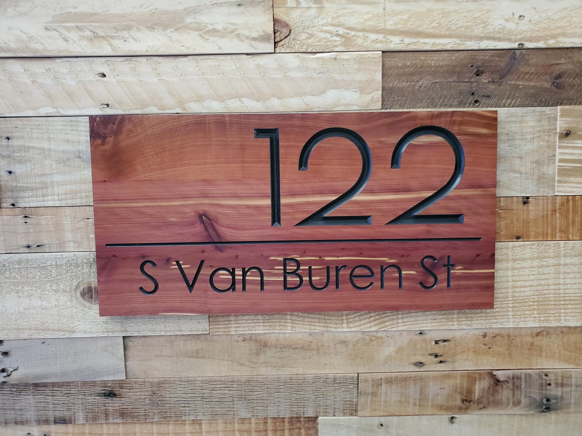 Modern House Address Sign, Carved Wood Street Number Plaque, Custom Wooden Home Address Sign, Personalized Engraved MCM Mid Century Style