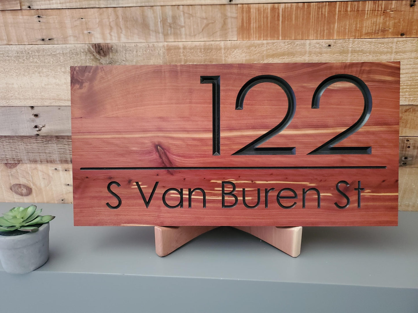 Modern House Address Sign, Carved Wood Street Number Plaque, Custom Wooden Home Address Sign, Personalized Engraved MCM Mid Century Style