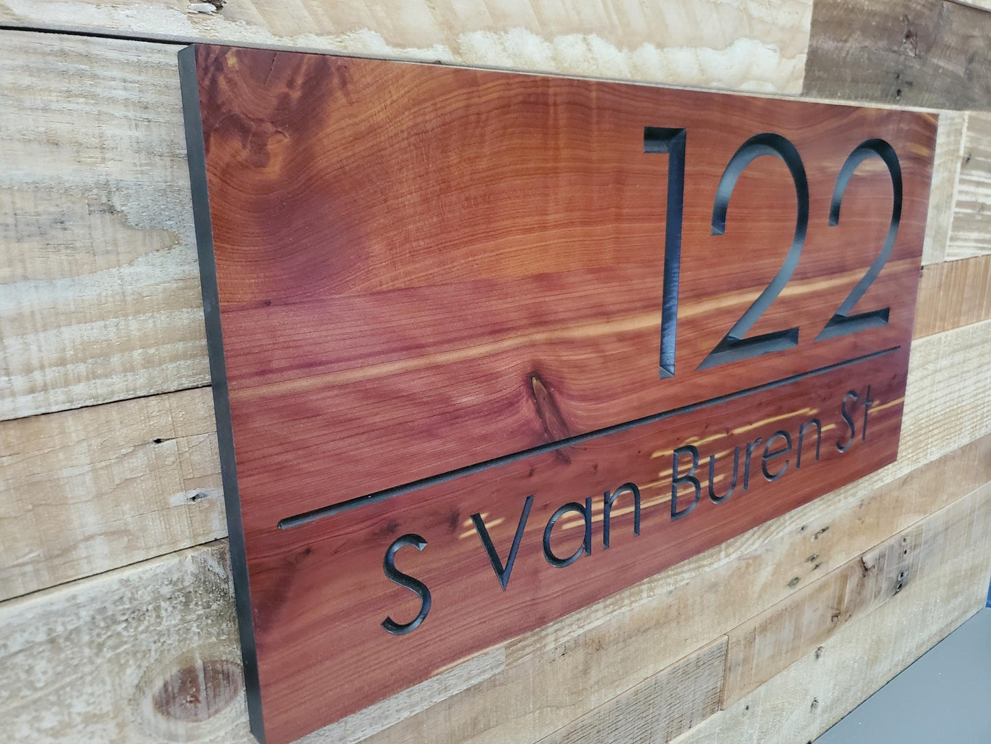 Modern House Address Sign, Carved Wood Street Number Plaque, Custom Wooden Home Address Sign, Personalized Engraved MCM Mid Century Style