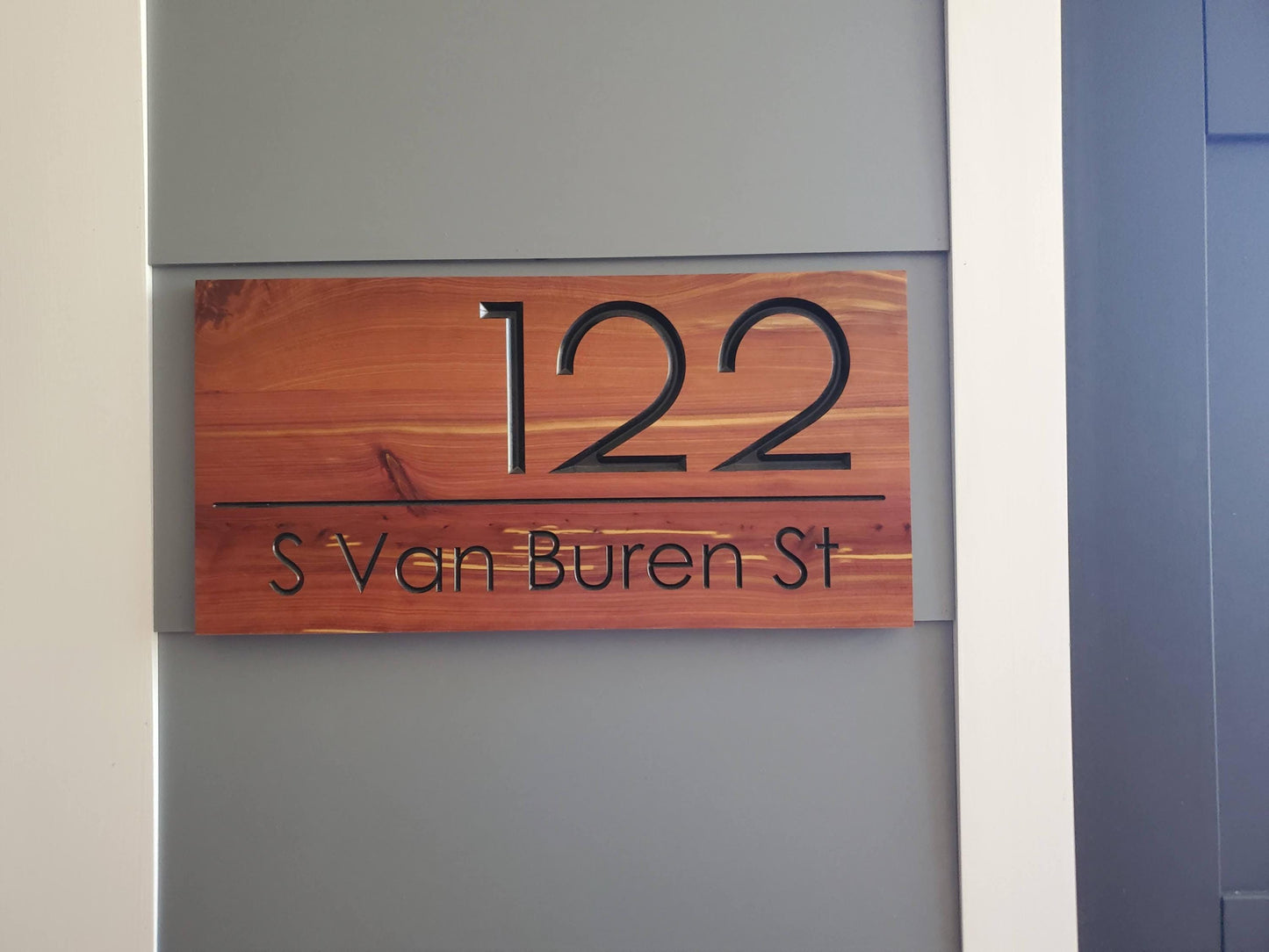 Modern House Address Sign, Carved Wood Street Number Plaque, Custom Wooden Home Address Sign, Personalized Engraved MCM Mid Century Style