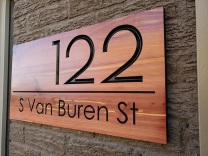 Modern House Address Sign, Carved Wood Street Number Plaque, Custom Wooden Home Address Sign, Personalized Engraved MCM Mid Century Style
