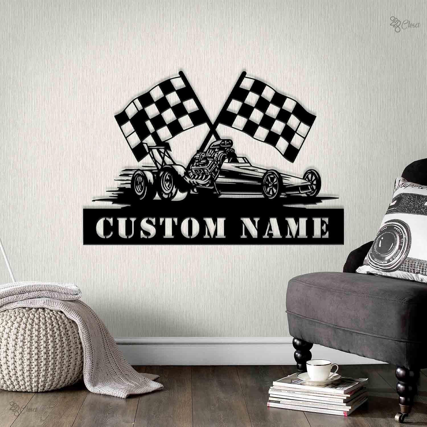 Custom Drag Racing Sign, Personalized Race Car Wall, Checkered Flag Metal, Checkered flag art, Car lover gift,Gift for sport,Auto shop decor