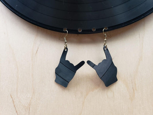 Metal Salute Horn Sign Earrings Made From Music Records, Vintage Repurposed Rock N Roll Jewelry, Reclaimed LP Album Silhouette Earrings