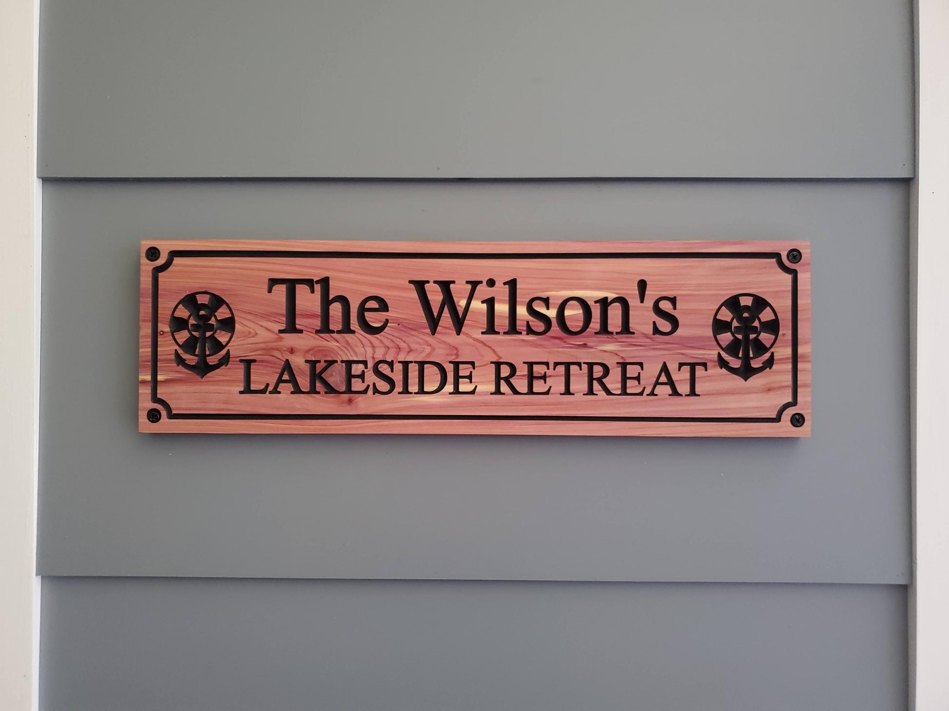 Custom Carved Lake House Sign With Family Name, Personalized Lakeside Retreat Exterior Wooden Plaque,  Lakefront Cabin Home Carving