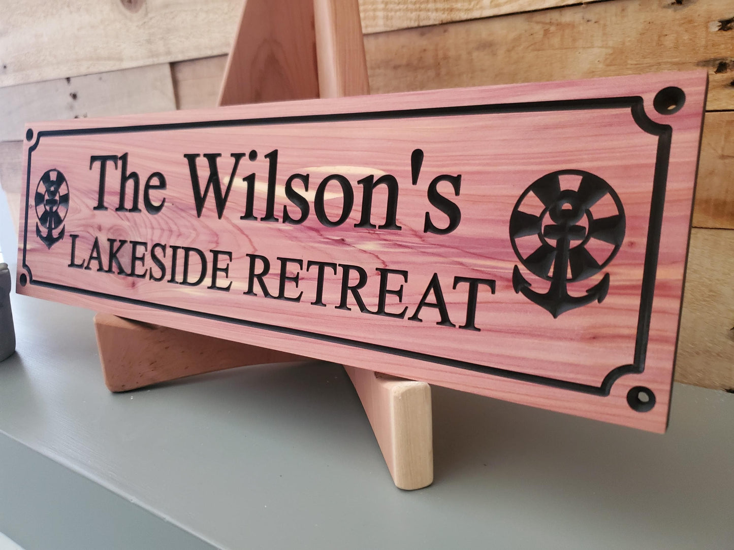 Custom Carved Lake House Sign With Family Name, Personalized Lakeside Retreat Exterior Wooden Plaque,  Lakefront Cabin Home Carving
