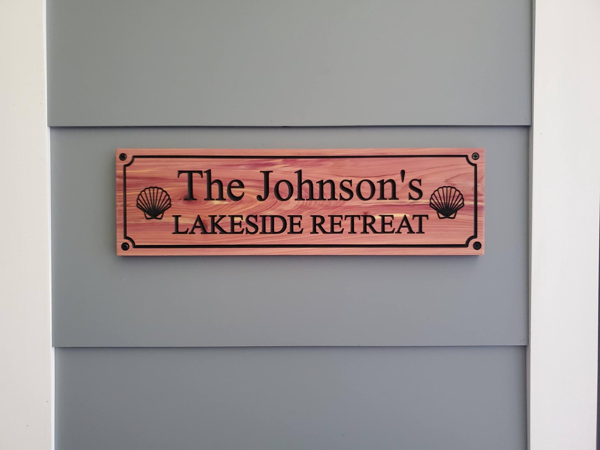 Personalized Carved Wood Lakeside Retreat Sign With Family Name, Lake House Exterior Wooden Plaque,  Lakefront Cabin Home Carving Seashells