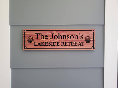 Personalized Carved Wood Lakeside Retreat Sign With Family Name, Lake House Exterior Wooden Plaque,  Lakefront Cabin Home Carving Seashells