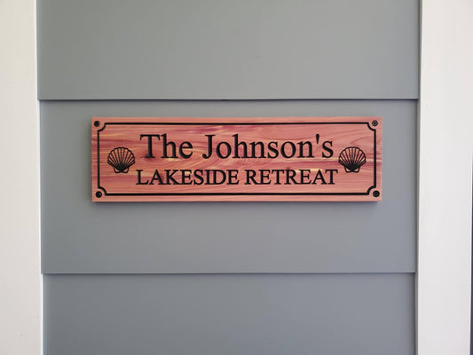Personalized Carved Wood Lakeside Retreat Sign With Family Name, Lake House Exterior Wooden Plaque,  Lakefront Cabin Home Carving Seashells