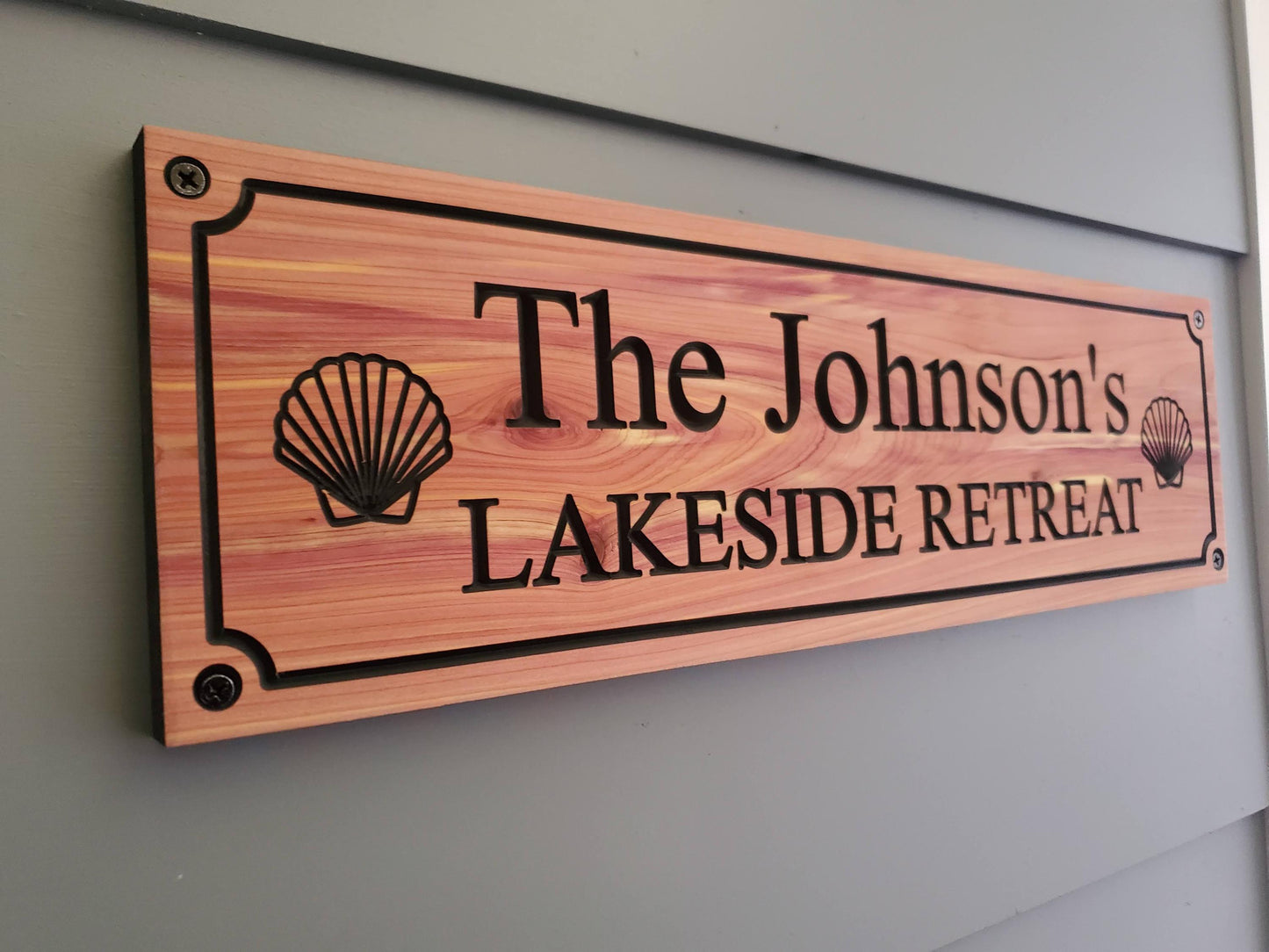 Personalized Carved Wood Lakeside Retreat Sign With Family Name, Lake House Exterior Wooden Plaque,  Lakefront Cabin Home Carving Seashells