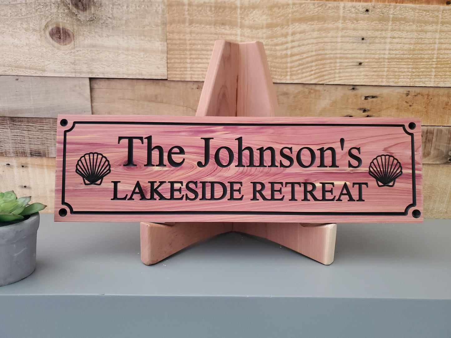 Personalized Carved Wood Lakeside Retreat Sign With Family Name, Lake House Exterior Wooden Plaque,  Lakefront Cabin Home Carving Seashells