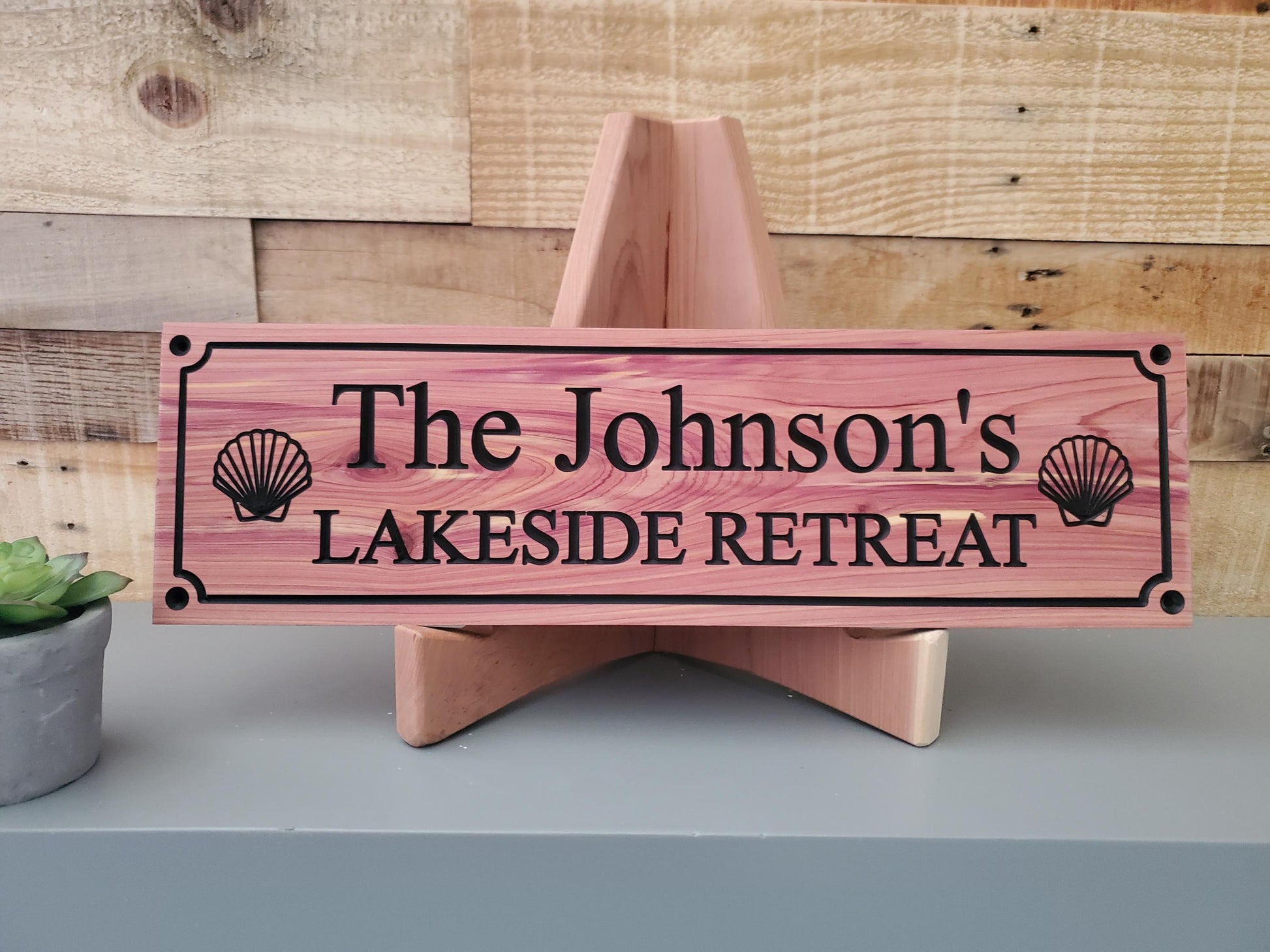 Personalized Carved Wood Lakeside Retreat Sign With Family Name, Lake House Exterior Wooden Plaque,  Lakefront Cabin Home Carving Seashells