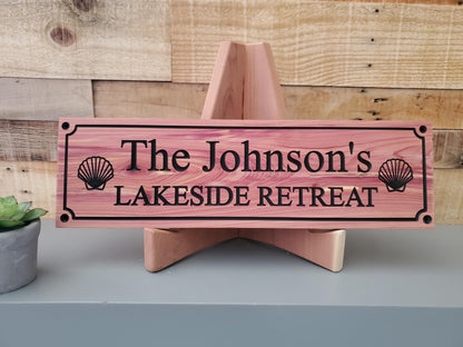 Personalized Carved Wood Lakeside Retreat Sign With Family Name, Lake House Exterior Wooden Plaque,  Lakefront Cabin Home Carving Seashells