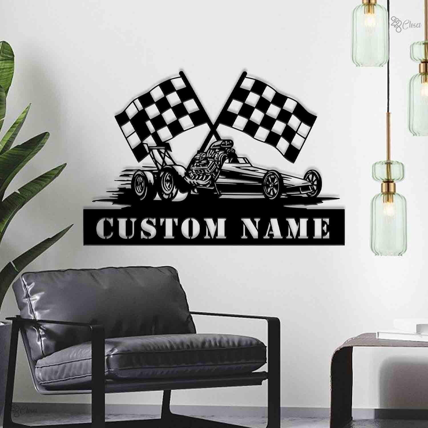 Custom Drag Racing Sign, Personalized Race Car Wall, Checkered Flag Metal, Checkered flag art, Car lover gift,Gift for sport,Auto shop decor