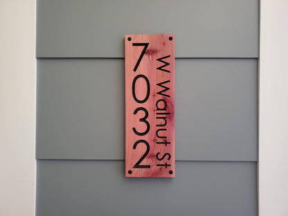 House Street Number And Name Sign, Modern Carved Wood Address Plaque, Personalized Vertical Home Address Sign, Outdoor Exterior Address MCM