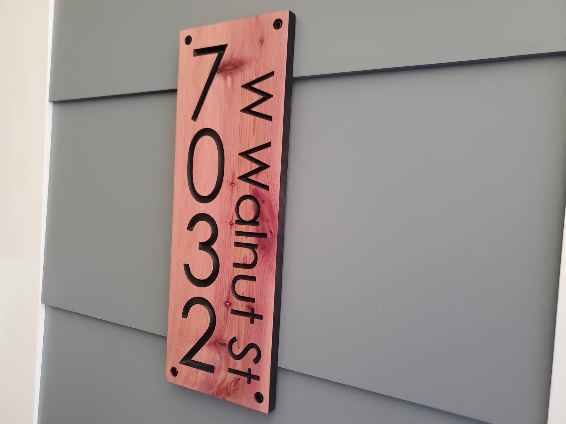 House Street Number And Name Sign, Modern Carved Wood Address Plaque, Personalized Vertical Home Address Sign, Outdoor Exterior Address MCM