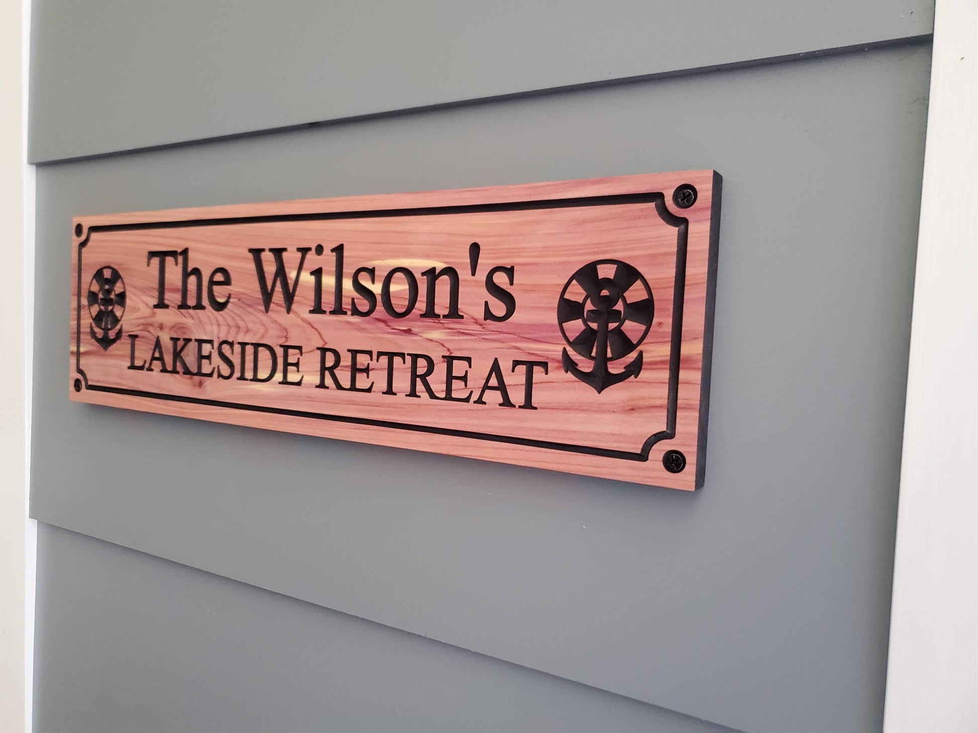 Custom Carved Lake House Sign With Family Name, Personalized Lakeside Retreat Exterior Wooden Plaque,  Lakefront Cabin Home Carving