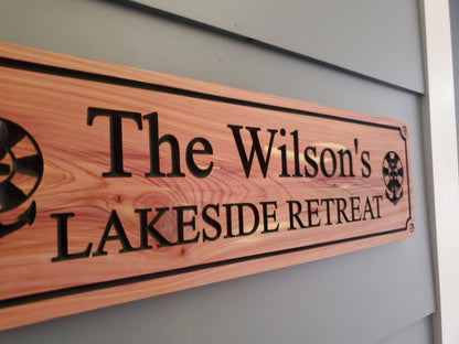 Custom Carved Lake House Sign With Family Name, Personalized Lakeside Retreat Exterior Wooden Plaque,  Lakefront Cabin Home Carving