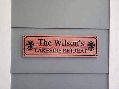 Custom Carved Lake House Sign With Family Name, Personalized Lakeside Retreat Exterior Wooden Plaque,  Lakefront Cabin Home Carving