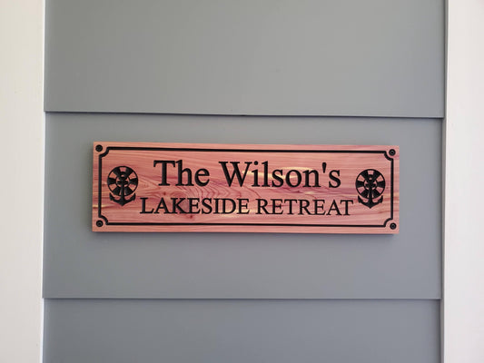 Custom Carved Lake House Sign With Family Name, Personalized Lakeside Retreat Exterior Wooden Plaque,  Lakefront Cabin Home Carving