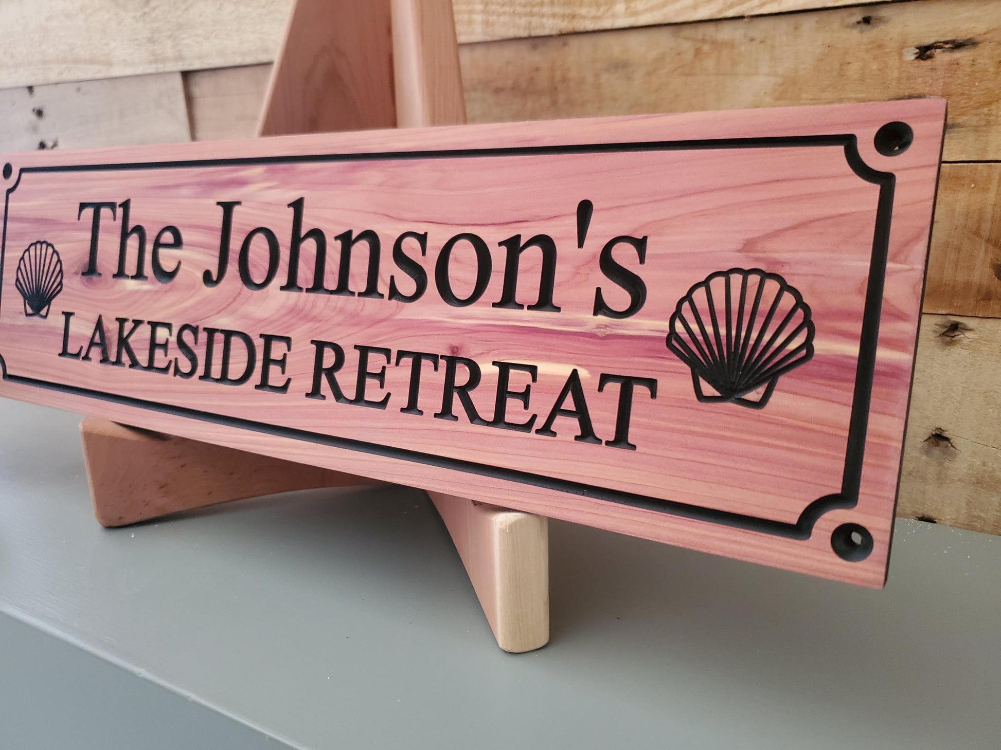Personalized Carved Wood Lakeside Retreat Sign With Family Name, Lake House Exterior Wooden Plaque,  Lakefront Cabin Home Carving Seashells