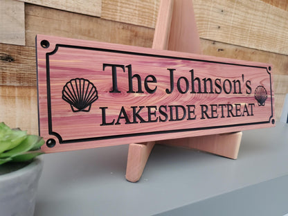 Personalized Carved Wood Lakeside Retreat Sign With Family Name, Lake House Exterior Wooden Plaque,  Lakefront Cabin Home Carving Seashells