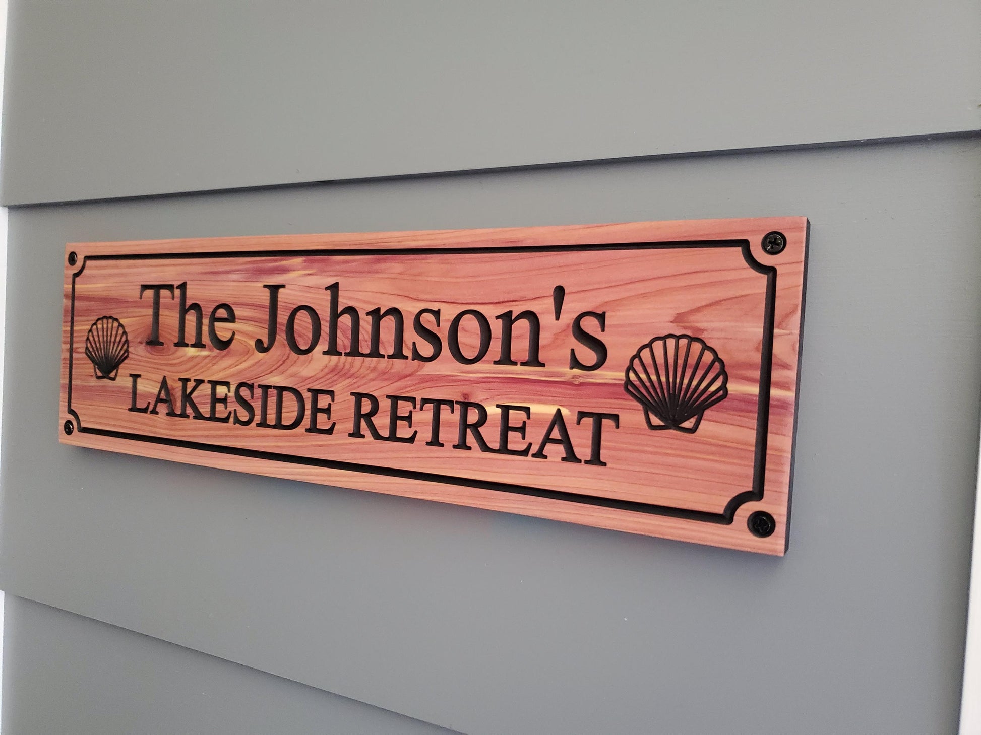 Personalized Carved Wood Lakeside Retreat Sign With Family Name, Lake House Exterior Wooden Plaque,  Lakefront Cabin Home Carving Seashells