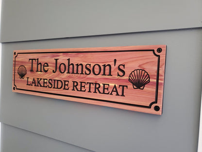 Personalized Carved Wood Lakeside Retreat Sign With Family Name, Lake House Exterior Wooden Plaque,  Lakefront Cabin Home Carving Seashells