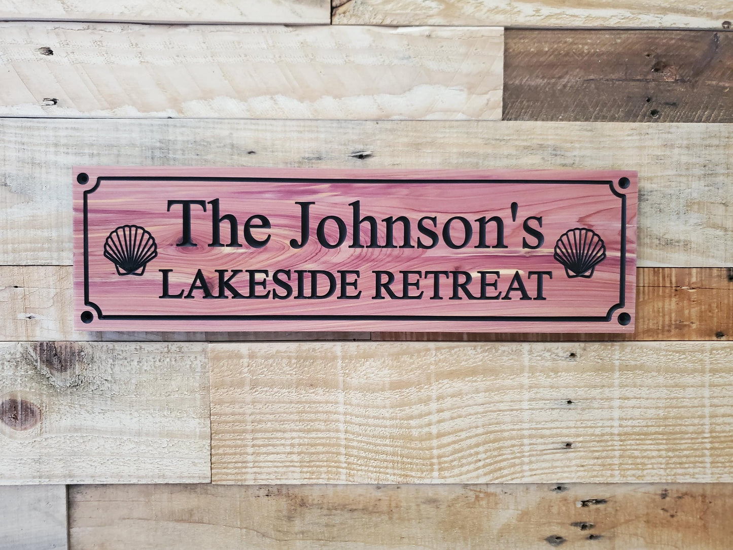Personalized Carved Wood Lakeside Retreat Sign With Family Name, Lake House Exterior Wooden Plaque,  Lakefront Cabin Home Carving Seashells