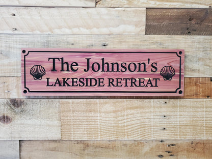 Personalized Carved Wood Lakeside Retreat Sign With Family Name, Lake House Exterior Wooden Plaque,  Lakefront Cabin Home Carving Seashells
