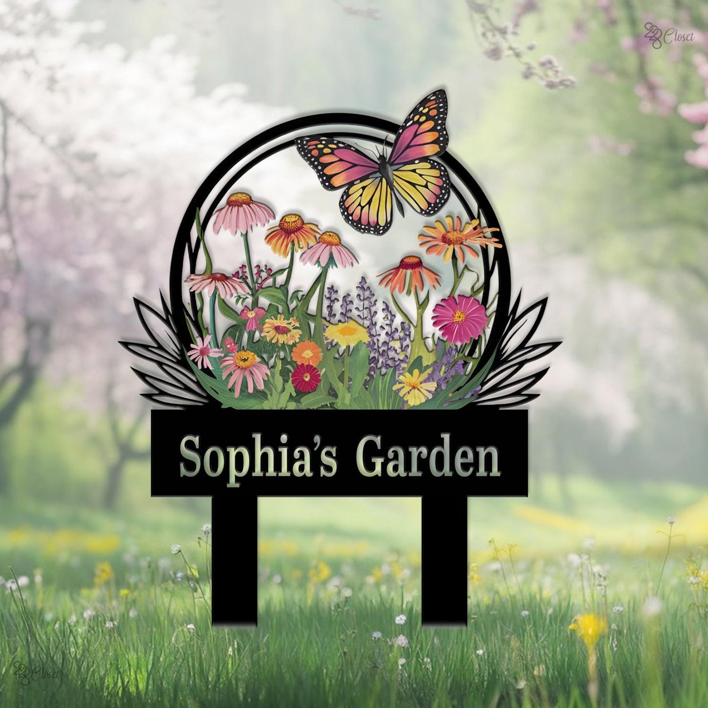 Personalized Garden Sign with Flower, Butterfly Stake, Butterfly Flower Yard Name, Colorful Garden, Gardener gift, Wildflower decor,Mom Gift