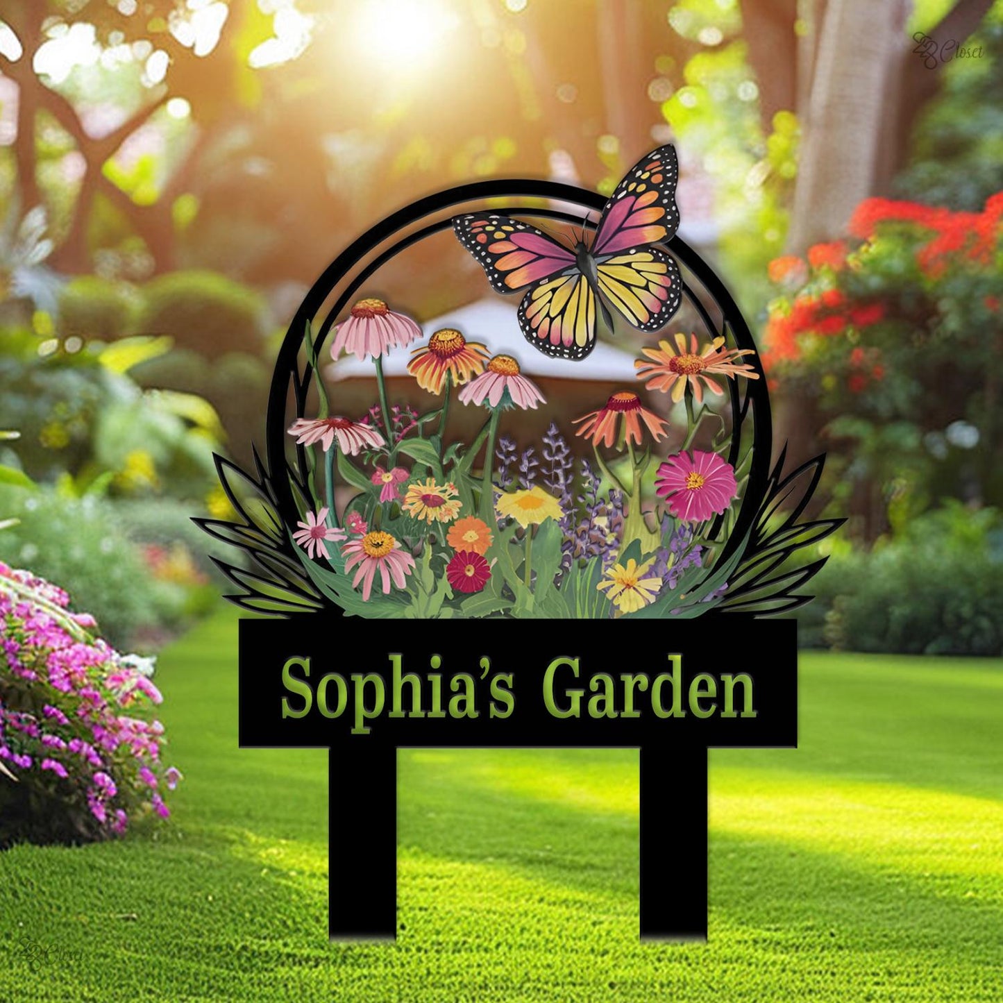 Personalized Garden Sign with Flower, Butterfly Stake, Butterfly Flower Yard Name, Colorful Garden, Gardener gift, Wildflower decor,Mom Gift