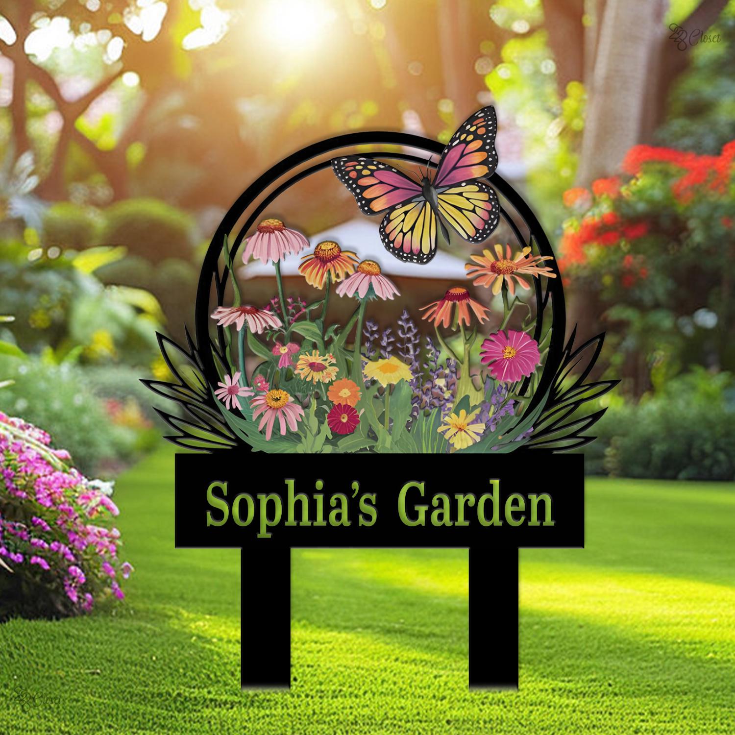 Personalized Garden Sign with Flower, Butterfly Stake, Butterfly Flower Yard Name, Colorful Garden, Gardener gift, Wildflower decor,Mom Gift